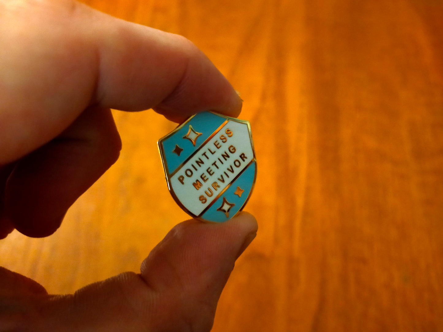 Pointless meeting badge pin