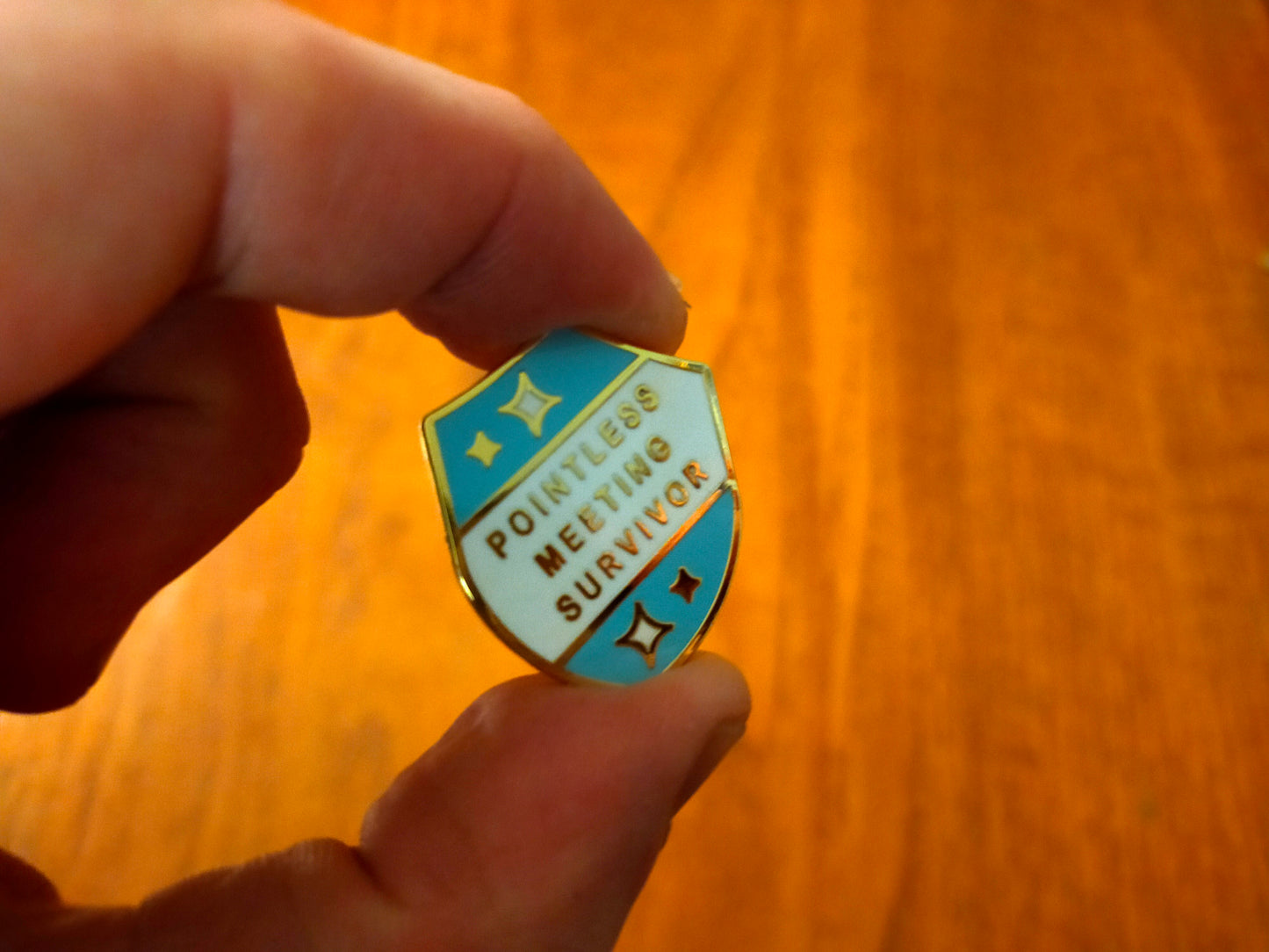 Pointless meeting badge pin